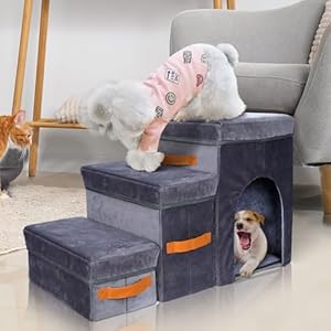 Topmart Foldable Dog Stairs for Bed, 3-Step Pet Stairs with 2 Storage Boxes & Condo for Small, Short-Legged Dogs