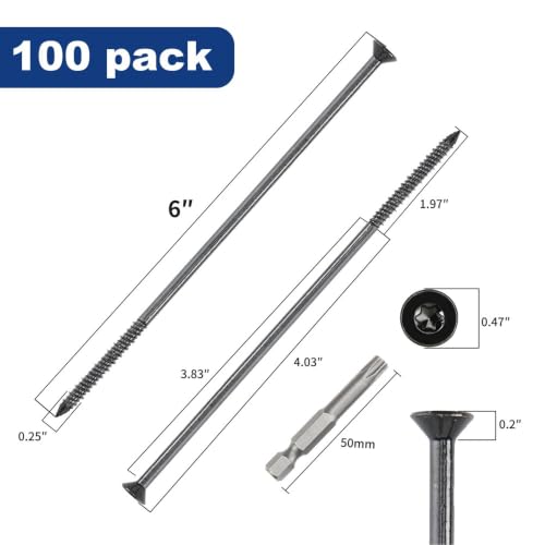 1/4" x 6" Concrete Screws, Black Flat Head Countersunk Star Drive, 100 Pack w/ 2 Drill Bits, 1 Star Driver Bit & 1 Hex Driver Bit Included - Heavy Duty Masonry Anchor Screws for Concrete, Brick, Block by GLAZIER PRODUCTS LLC - Used condition - Image 2