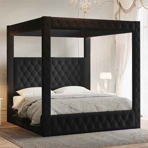 Jocisland King Canopy Bed Frame Velvet Upholstered Headboard Black
