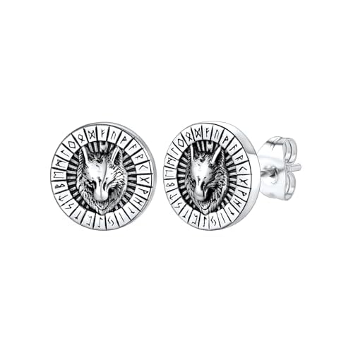 FaithHeart Viking Runes Stud Earrings for Men Silver/Black/Gold Stainless Steel Lightweight Earrings Retro Norse Mythology Jewelry with Gift Box Wolf-Silver