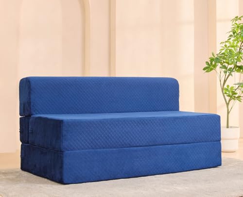 Image of uberlyfe Xtra High, Xtra Soft 3 Seater (5' x 6') Sofa Cum Bed | 1 Year Warranty | 17 inch Sofa Height | Queen Size Foldable Bed | Plush Laser Quilted Fabric | Deep Blue Color