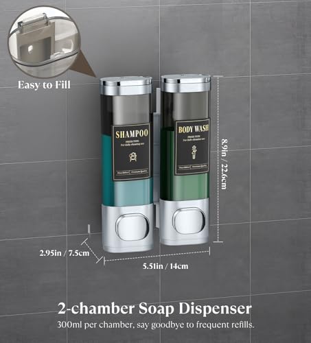 Image of Luxspire Shampoo and Conditioner Dispenser, Shower Soap Dispenser 2-Chamber | Lockable Large Capacity 600ml No-Drill Wall-Mounted Shampoo and Body Wash Dispenser for Bathroom Hotel Kitchen Airbnb