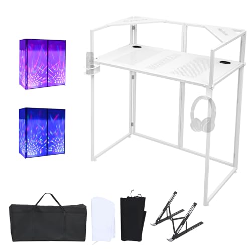 ANGELBECKE Portable DJ Booth Facade DJ Table Heavy-Duty DJ Table Stand Portable Booth Iron Plate Surface DJ Facade Booth with Carry Bag & Hook & Cup Holder (41.3L x 20.4W x 43.3H)