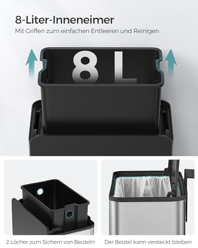 SONGMICS Mülleimer hängend, 8 L Komposteimer Küche, Stahl-Abfalleimer mit Deckel für Biomüll, mit Haken, an der Schranktür oder Wand, für Unterschrank Badezimmer, metallisches Silber LTB810E08