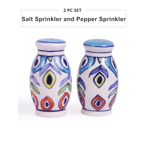 Image of VarEesha Hand Painted Multicolored Ceramic Salt n Pepper Set for Dining Table Used as Namak Dhani, Shaker, Sprinkler for Home, Kitchen and Restaurant