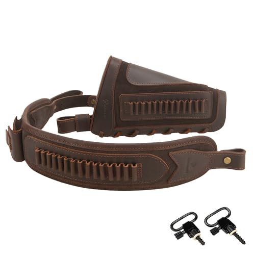 Tas Trost Leather Gun Cheek Rest Buttstock Ammo Holder with Rifle Sling and Swivels Shooting for .30-30 .308 .45-70 .22LR 12GA (.22lR .17HMR .22MAG, Coffee)