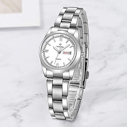 MASTOP Women Fashion Classic Watch Waterproof Stainless Steel Round Date Analog Quartz Lady Dress Watches (White)