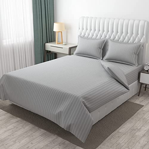 Image of 300 TC Glace Cotton Plain Stripe Queen Size Single Bedsheet with 1 Pillow Cover for Home, Hotel, Guest Room (60 X 90) Inch Silver Pack 1