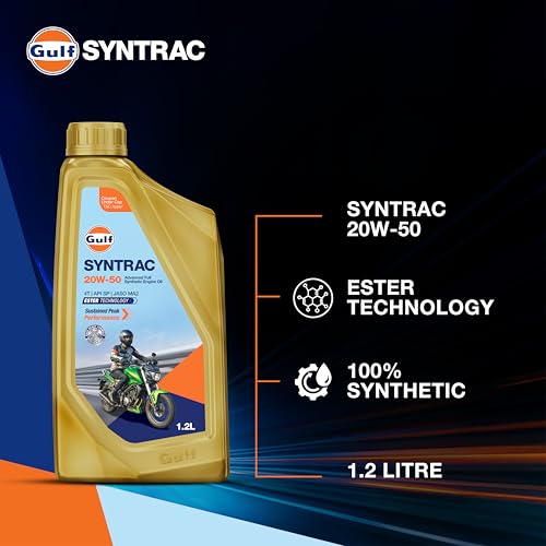 Image of Gulf SYNTRAC 20W-50 4T API SP, JASO MA2 | Ester Technology | 2 Wheeler Bike Advanced 100% Full-Synthetic Engine Oil [1.2 L] - Pack of 1