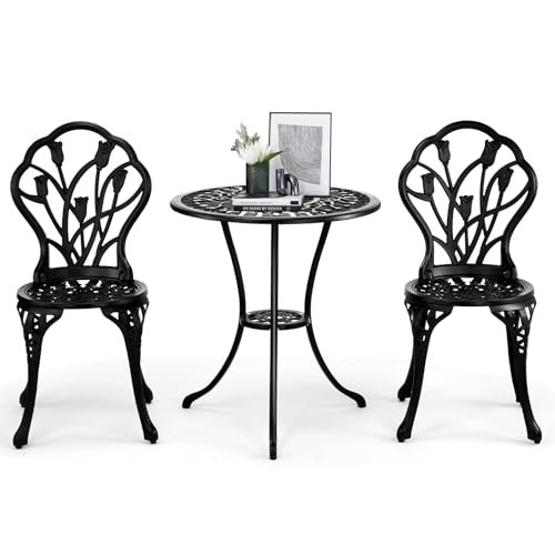 VINGLI 3 PCS Outdoor Bistro Set, Outdoor Patio Set, All-Weather Cast Aluminum Bistro Table Set, Bistro Table and Chairs Set of 2 for Backyard, Garden, Balcony (Black, Tulip)