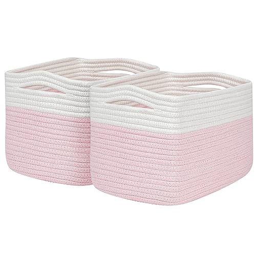Image of Kriitools Pink Girls Baby Nursery Rope Toys Baskets , Decorative Woven Storage Baskets for Gift, Cubes Storage Organizer Baskets Bins, Closet Shelf Storage Baskets for Organizing