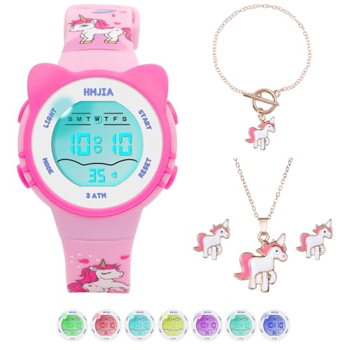 HMJIA Reloj Niñas y Collares Set con Motivo de Gato 3ATM Sumergible con Alarma Cronómetro Luz Correa Reloj Digital Niña con Correa de Cumpleaños para Niñas de 3 a 12 Años (Unicornio)