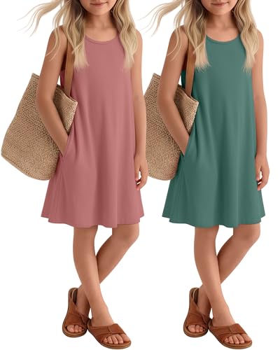 Mumucove 2 Pack Girls Summer Dresses Sleeveless Tank Dress Kids Casual Loose Crewneck Beach Sundress with Pockets 5-14 Years(Gray Green Lotus Pink 7-8 Years)