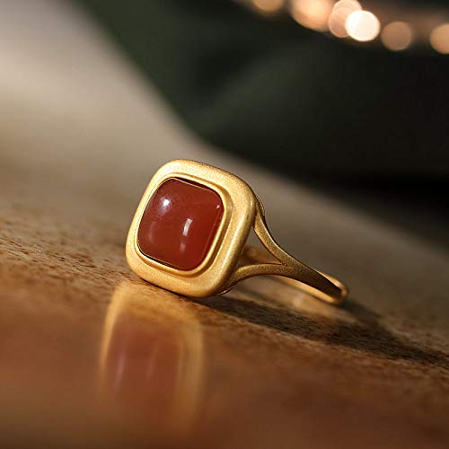 Bague ajustable femme argent S925 agate rouge naturelle style rétro