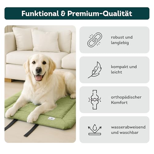 Wanderpfote Hundedecke für Unterwegs, 75 x 50cm – Waschbar, Orthopädisch, Wasserdicht – Hochwertiges Design – Hundedecke Outdoor, Hundematte Auto (Grün, Größe M)