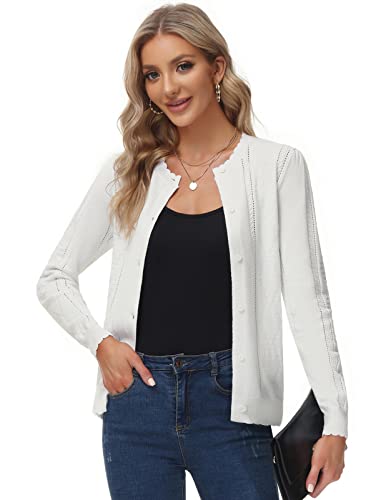 Womens Puff Sleeve Bolero Cardigan Casual Button Sweaters Classic Crew Neck Soft Cardigan Hollow Out Knitwear White L #TOP1