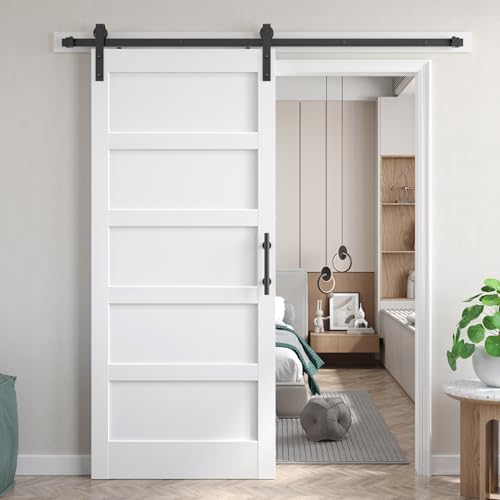 Image of Fredbeck 34x80 inch White Barn Door with 6 FT Sliding Door Hardware Kit Included & Handle,MDF,Solid PVC Surface,DIY Assembly,5-Panel