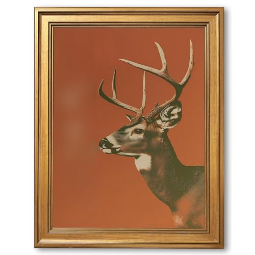 EQUEEN Buck Deer Poster Wall Art Decor Vintage Whitetail Canvas Print Funny Hunting Art for Cabin Man Cave Lodge 12x16inch Golden Frame