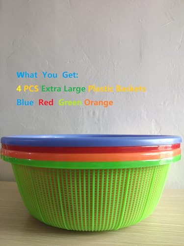 Image of 4 Pcs Large Plastic Wash Basket Round Perforated Colander Wash Vegetables and Fruits Drain Cooked Pasta Kitchen Essentials Food Strainer Basket Strainer Kitchen Blue Green Red Orange color