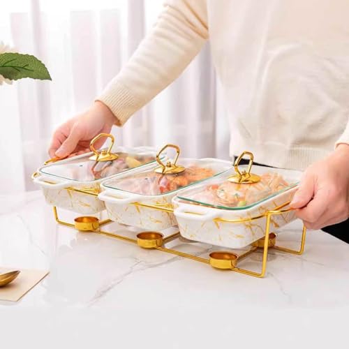 Juego de platos para rozaduras – Bandejas de calentamiento de cerámica 3 en 1 con tapa de vidrio – Calentadores de buffet de 3 x 0.9 cuartos de galón para servir y calentar