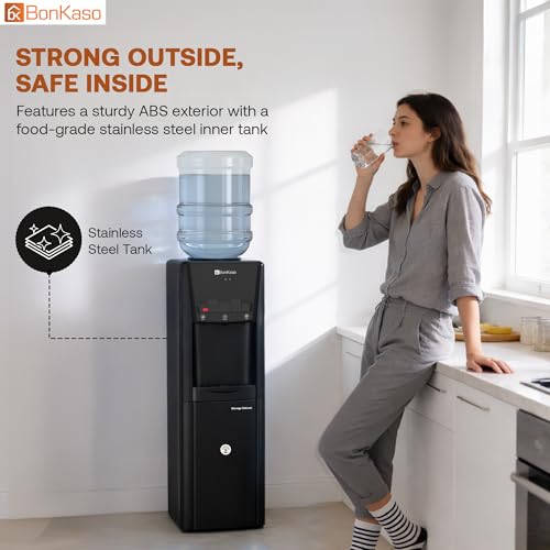 Image of BonKaso Top Loading Hot, Cold & Normal Water Dispenser | 20L Non-refrigerated Cabinet | Food-Grade ABS Body, LED Indicator, Child Lock, Removable Drip Tray | 1 Year Warranty | Black