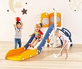 GITAWUSA 7 in 1 Toddler Slide Playset L-Shaped Indoor & Outdoor Playground for Kids Ages 1-3, Features Golf Set, Basketball Hoop, and Non-Slip Steps, for Boys & Girls, Blue & Yellow