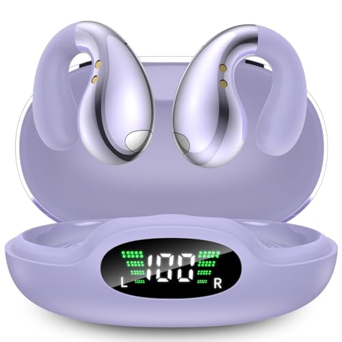 Image of Boytond Ultra Open Ear Earbuds - Ergonomic Clip-On Earbuds, Bone Conduction Over-The-Ear Headphones with Waterproof Design and Secure Fit for Small Ears, Crystal Purple