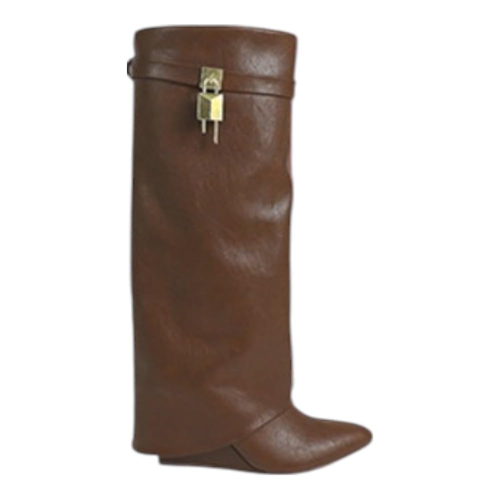 Liliana Women Fold Over Knee High Boots Wedge Heel Padlock Pull-on Boots MUTTO-1