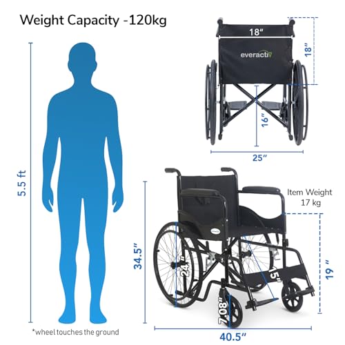 Image of Everactiv Economy Classic with spoke wheel with 1-Year Warranty | Heavy-Duty Frame, Strong Crossbar Support, Safety Seat Belt, Wide Padded Seat, Easy Folding Design, 120 kg Capacity | Wheelchair for Old Age Person | Black