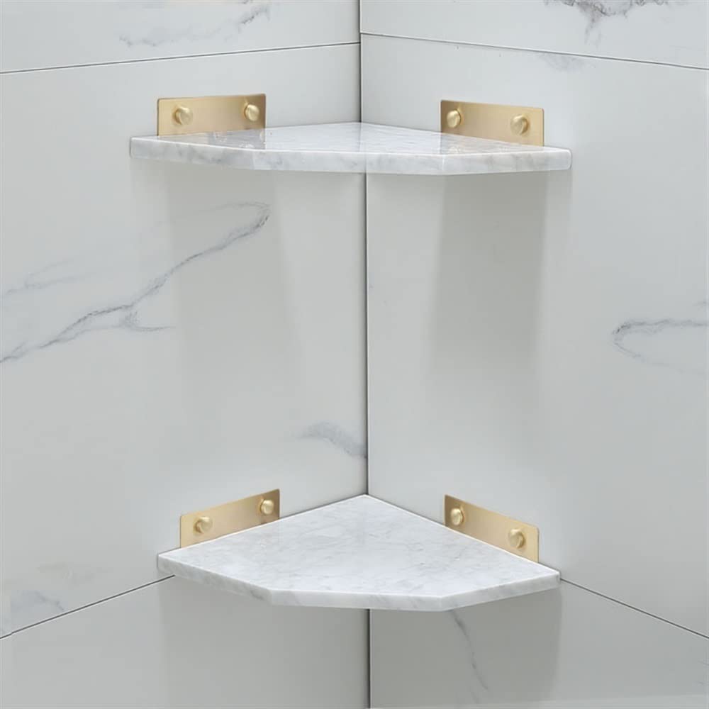 BAHELS Corner Shower Caddy Full Copper Natural Marble Triangle Shelf Corner Shower Shelves Caddy Wall Mounted Shower Accessories