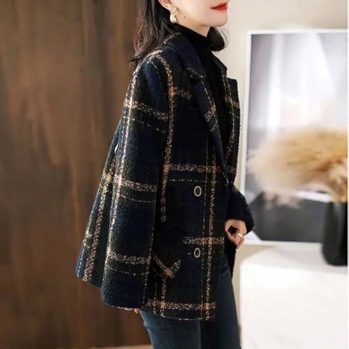 Womens Casual Blazers Woolen Plaid Blazer Coat Notch Lapel Long Sleeve Button Double Breasted Jackets Peacoat Pocket3