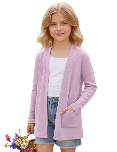 Image of Girls Open Front Cardigan Casual Lightweight Long Sleeve Ribbed Knit Sweater Soft Outerwear Coat with Pockets