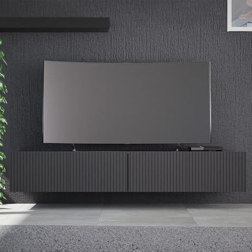 Lomadox Wohnzimmer Lowboard in schwarz matt mit Rillenfront 200 cm breit, 4 Softlcose-Türen grifflos wandhängend oder auf Füßen montierbar