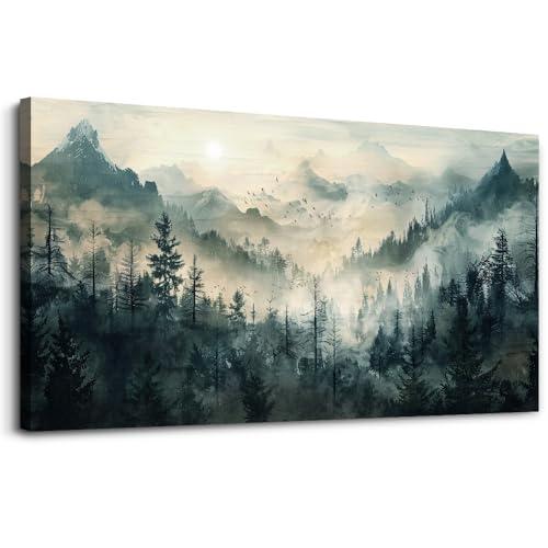 KELIYUAN Misty Forest Wall Art Home Decor Mountain View Large Canvas Wall Painting Nature Landscape Painting For Living Room Bedroom Office Modern Printed Artwork Can Be Hung Directly 24x48 Inches
