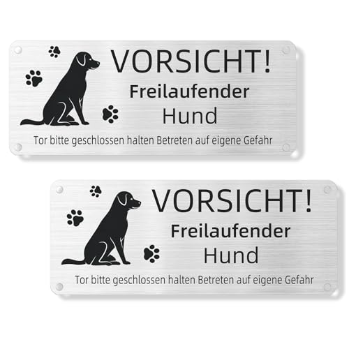 Achtung Hund Betreten auf eigene Gefahr Schild Warnung vor dem Hund, Warnschild, Aluminium, Selbstklebend, Vorgebohrte Löcher, 25x10cm