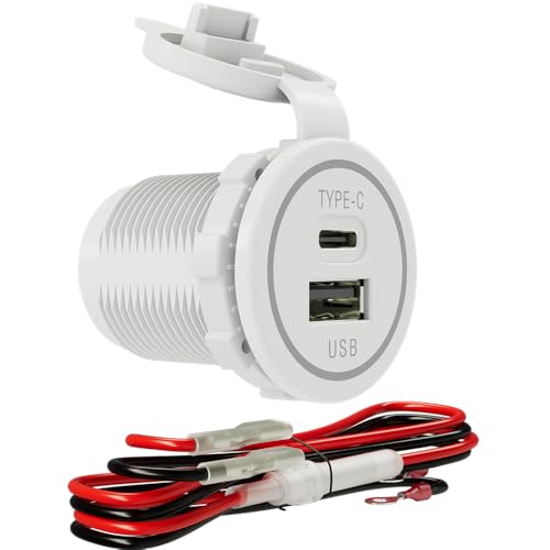 DAMAVO YM1218 USB Type C 12V PD30W FAST CHERGER Waterproof with Cap Type C USB Car Charger Socket 12V/24V for Car, Boat, Golf Cart, Bus, RV, Golf, Automotive Marine ATV Truck (15W-White 1 PCS)