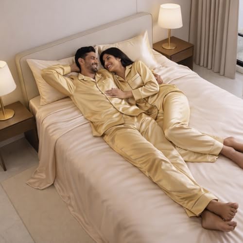 Image of Luxe Ere Satin Bedsheet Single Size (60x90) | 300 TC Ultra Smooth Silky Soft Luxury Satin Bed Sheet with 2 Pillow Covers | Premium Satin Bedsheets for Single Bed - Golden Mirage