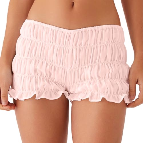 Image of NUFIWI Women's Y2k Ruched Mini Shorts Low Waist Ruffle Frill Bloomers Lounge Pajamas Smocked Micro Shorts Sleepwear