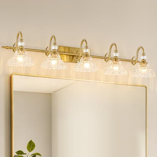 Image of Vintage Bathroom Vanity Light, 5-Light Brushed Gold Finish Wall Sconce with Hanging Crystal Accents and Flower-Shaped Clear Glass Shades, Retro Wall Mount Vanity Light Over Mirror for Bathroom