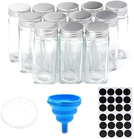 AyeVision 12pcs Glass Spice Jar 120ml Kit, 4oz Spice Dispenser Bottle Seasoning Condiment Storage Container Spice Shaker Kit Organizer with Lids Labels (4, Rectangular, 12, UK6901010)
