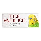 Lieferumfang: 1x Metallschild mit Wellensittich Motiv und Spruch: Betreten auf eigene Gefahr ...