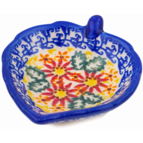 Authentic Polish Pottery Tea Bag or Lemon Plate in Red Chrysanthemums Design Handmade in Boles?awiec Poland + Certificate of Authenticity