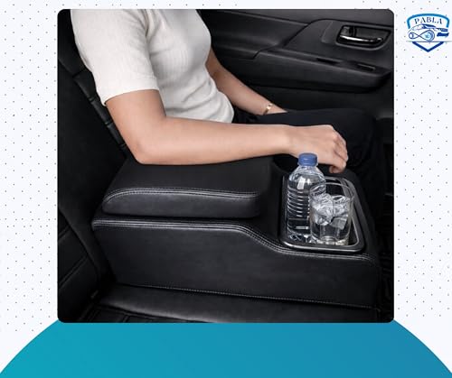 Image of PABLA Universal Premium Car Rear Seat Armrest with Memory Foam Cushion And Storage Box,Dual Cup Holders,Dual-Mount Fit Full Black Color