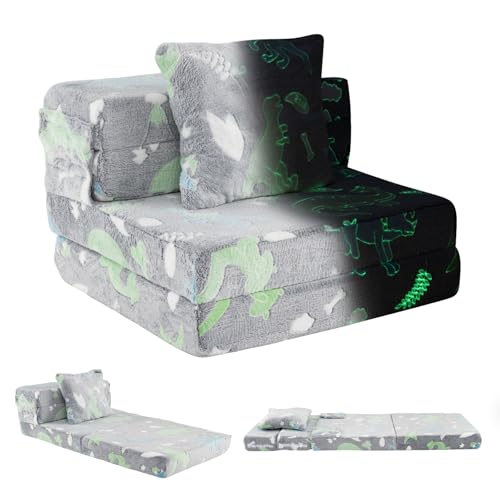 COSTWAY Canapé-lit Enfant Brillant dans Le Noir avec Motif Dinosaure & Oreiller, Matelas de Sol Pliable en Flanelle avec Housse Lavable en Machine, Canapé...