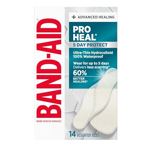BAND-AID Brand Pro Heal 5 Day Protect Ultra-Thin Hydrocolloid for Advanced Healing 100% Waterproof First Aid Adhesive Bandages Provide Less Scarring Than Uncovered Wound Assorted Sizes 14 Count