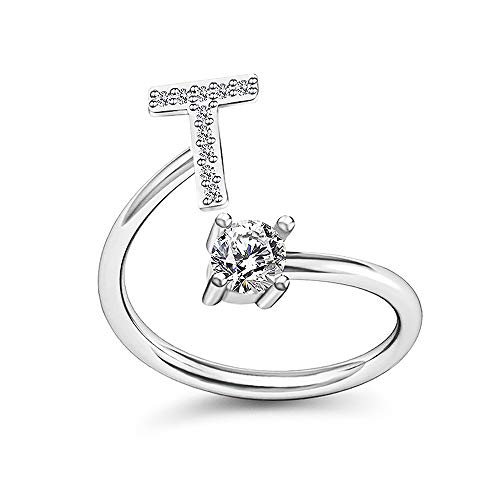 Image of HUJUON Silver Initial Letter Ring for Women. Adjustable Crystal Alphabet Ring,Name Initials Stackable Knuckle Rings A-Z CZ Open Ring