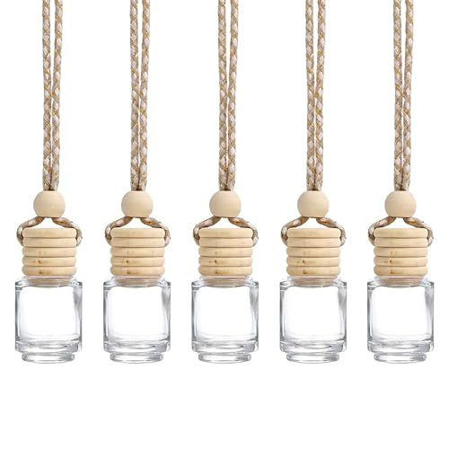 Qinsky Nachfüllbare Auto-Lufterfrischer-Flaschen mit Holzdeckel - 5 Pcs Hängende 8 ml Parfümflaschen Leer, Transparente Auto-Diffusor-Flaschen für Ätherische Öle & Parfüm zum Selbst Befüllen