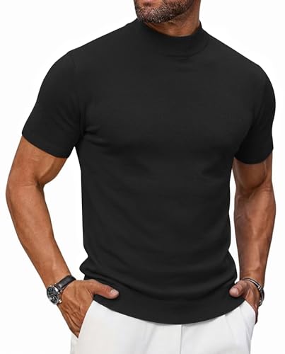 Vssjavun Mens Mock Turtleneck Shirt Short Sleeve Slim Fit Mock Neck Casual Tops Ribbed Knit Pullover Black Large