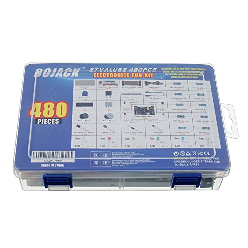 Bojack 37 Values 480 Pcs Electronics Component Fun Kit With Power Supply Module, Jumper Wire,Precision Potentiometer,830 Tie-Points Breadboard Compatible With Stm32,Raspberry Pi,Arduino #TOP5