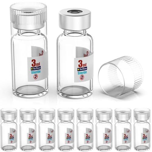 Biomed Solutions Sterile Empty Vial with Reusable Plastic Cap,Ready to Fill Glass Containers, Liquid Injection Bottle Sealed with Self Healing Injection Port (3ml Clear 10pcs)